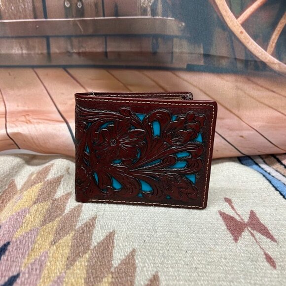 Brown Tooled Leather Bi-Fold Wallet with Turquoise Inlay - Picture 1 of 4